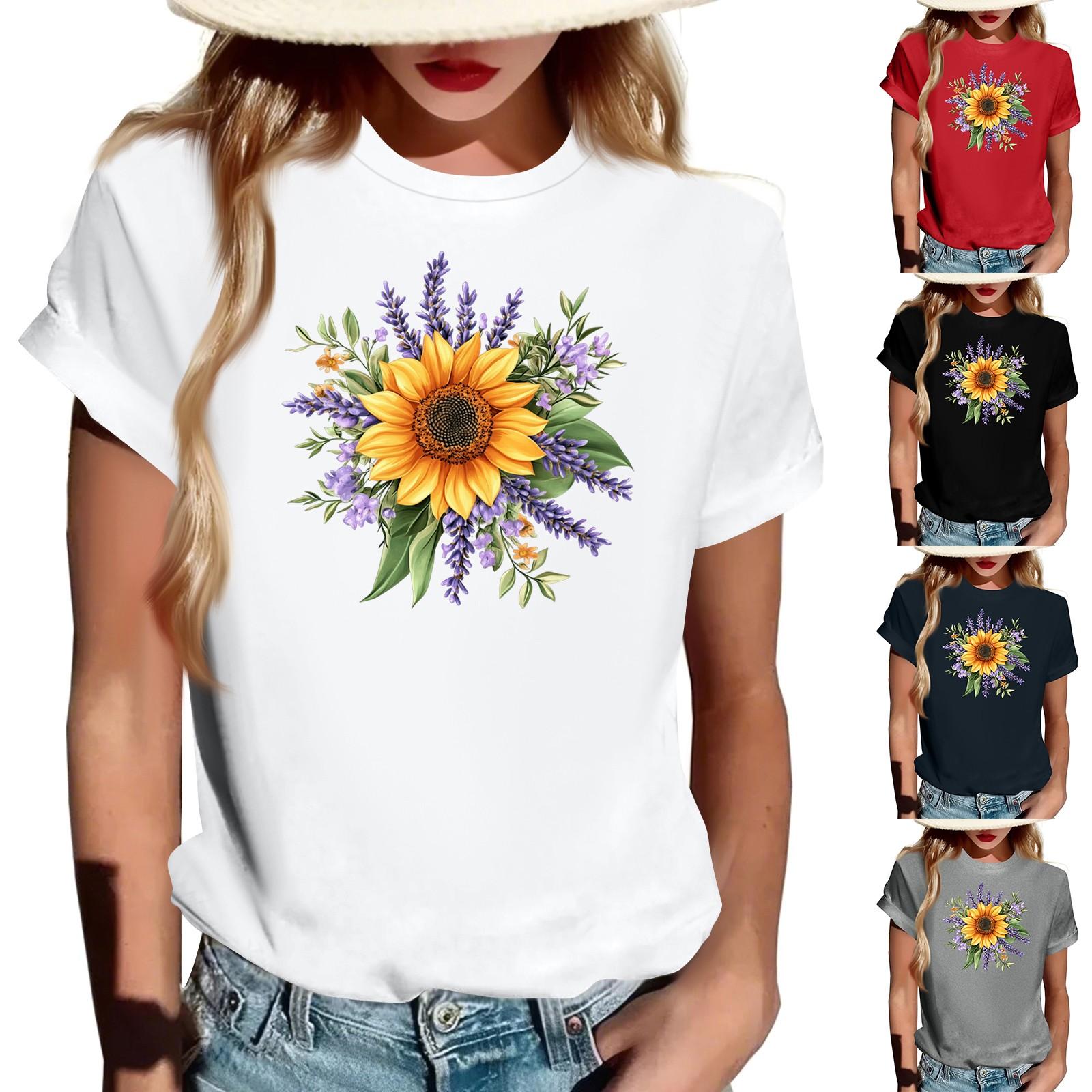 

Women s Fashionable Round Neck Casual Retro Print Short Sleeved T-shirt Top L білий