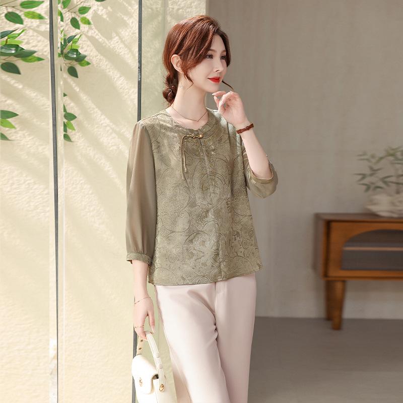

Stylish Printed Three-Quarter Sleeve Summer Top for Middle-Aged and Elderly Women - FGC81221 185 м ята зелений колір