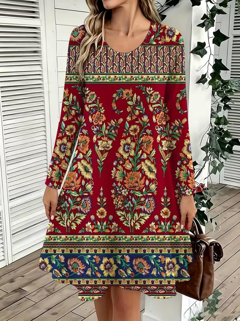 Spring Autumn Women Dress Casual Long Sleeve O-neck 3D Print Loose A-Line Dress Oversized Home Wear Robe