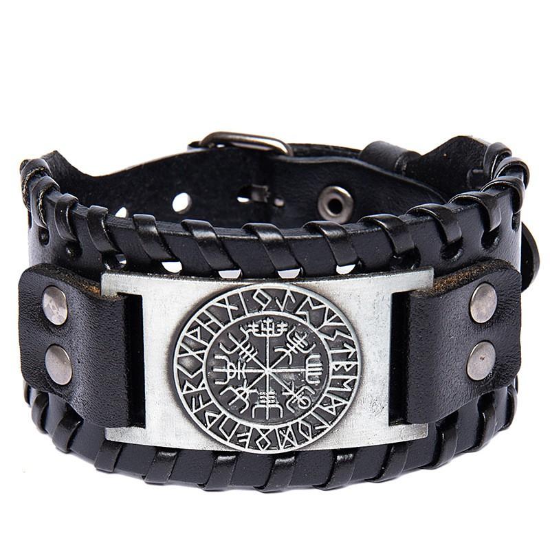 Vintage Viking Leather Bracelet With Compass Pendant Men Handmade Retro Style Adjustable Cuff Band