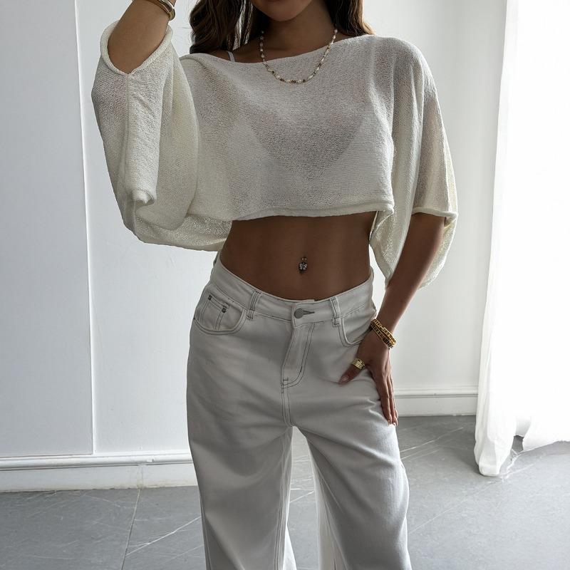 Spring Summer Women s White Knit Boat Neck Batwing Sleeve Cropped Sweater S