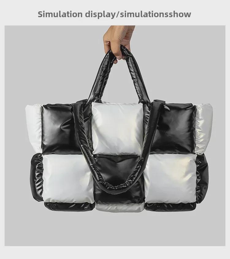 Women's Lightweight Black and White Checkered Tote – Soft, Down-Filled Shoulder Bag