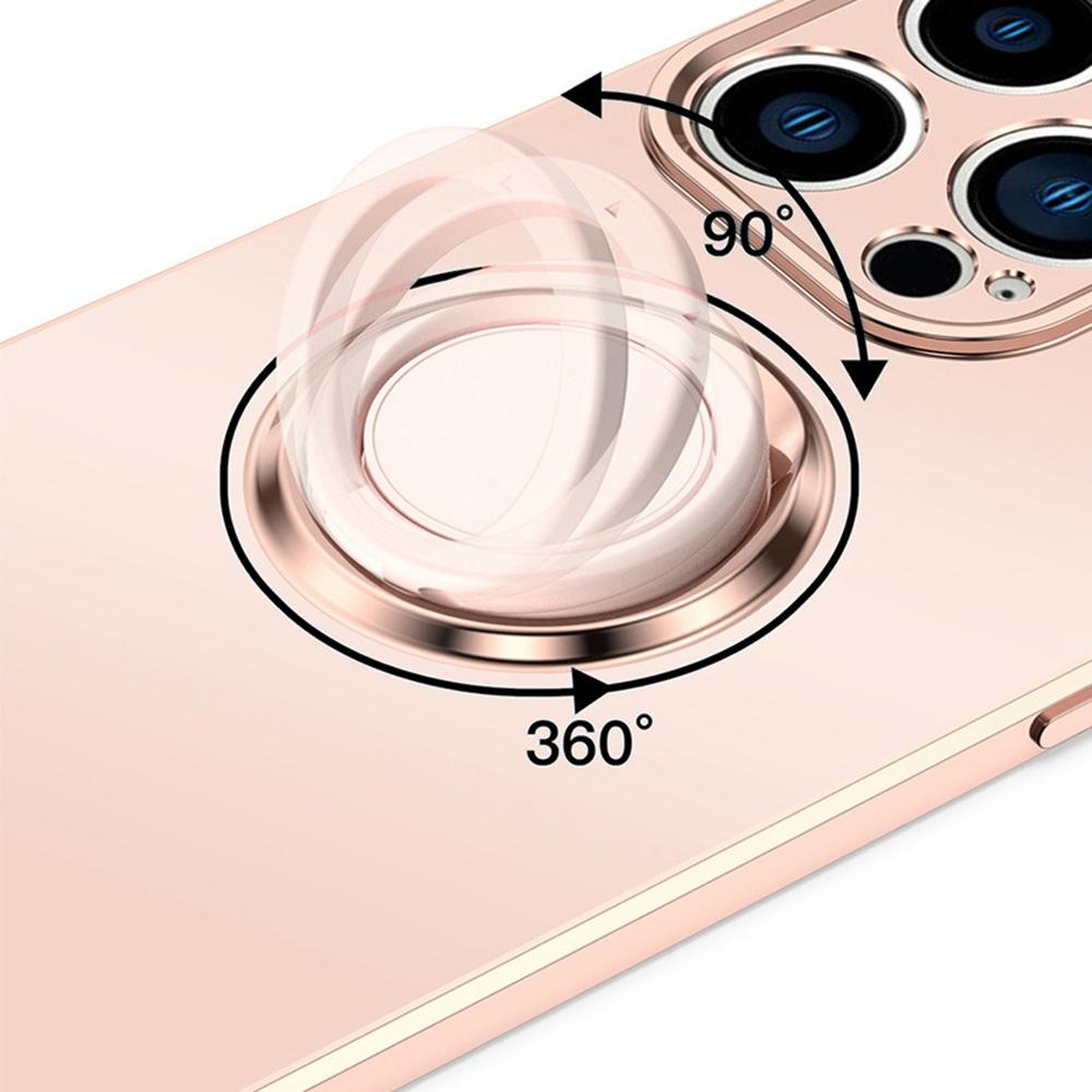 

For iPhone 14 Plus Matte Phone Cover Ring Kickstand Magnetic Holder Electroplating TPU Straight Edge Phone Case Light Pink