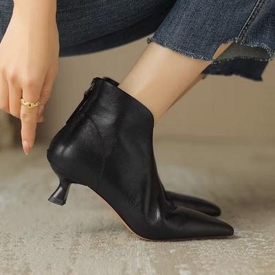 Fashion FHC New Autumn Women Ankle Boots,Fashion Soft Leather Shoes,Back Zip,Mid Heels Short Botas,Pointed Toe,Black,Brown,Dropship