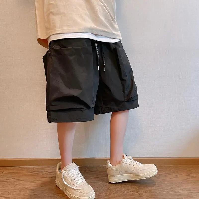 

Men s Summer High-Street Relaxed-Fit Solid-Color Workwear Shorts with Large Pockets and Drawstring Waist XS чёрный