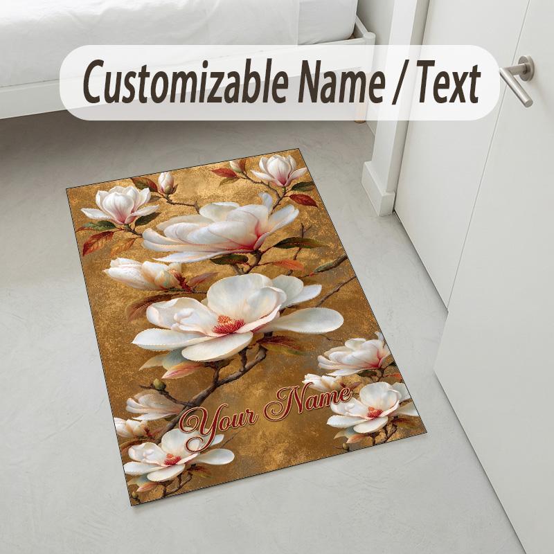 Floral Garden Theme Crystal Velvet Rug Personalized Custom Name Text Soft Floor Mat Home Decor