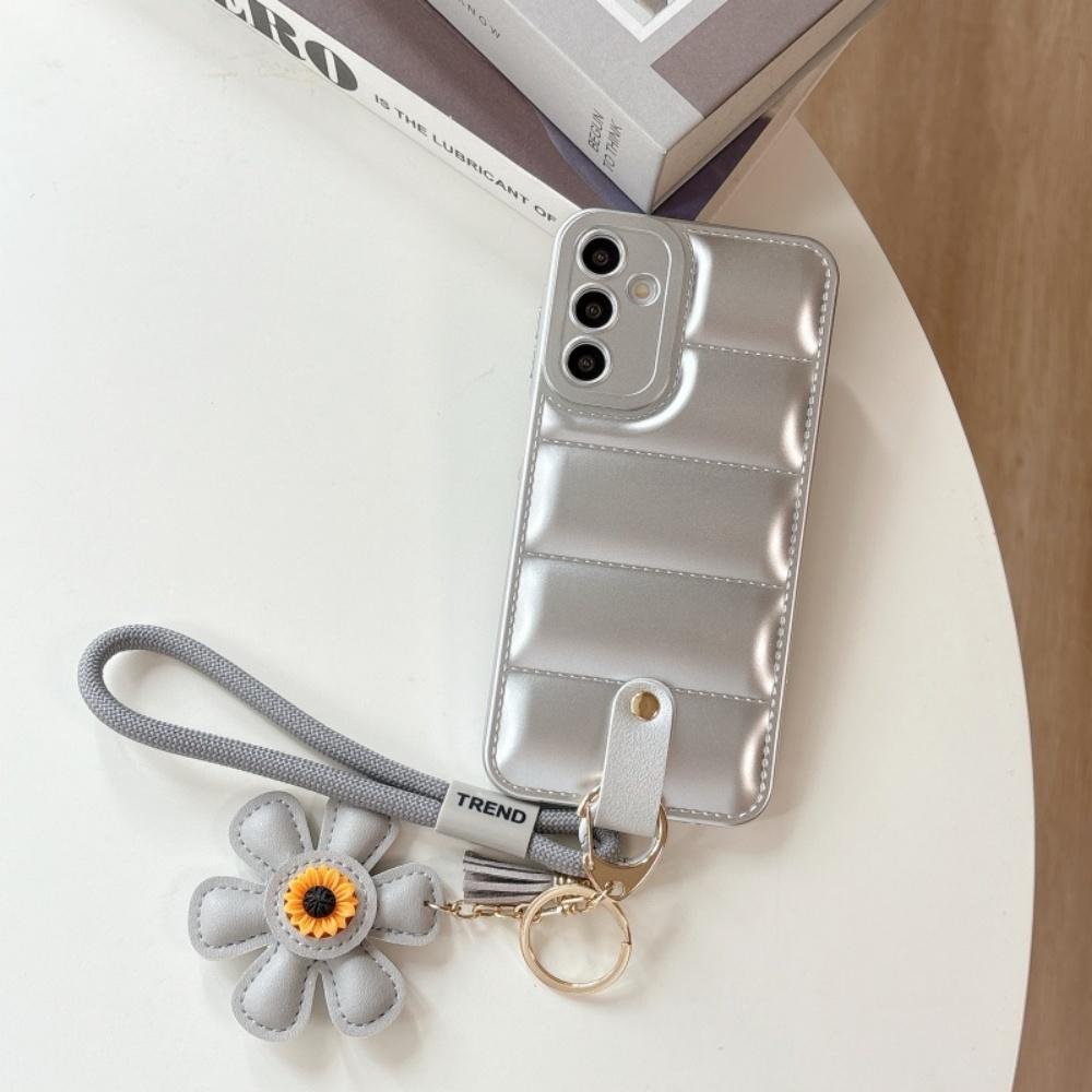 

Ins Sunflower Down Jacket Lanyard Case for Samsung Galaxy S25 S24 Ultra S23 S22 Plus A55 A56 A16 A54 A35 A15 Wrist Strap Cover Galaxy Note20 Ultra