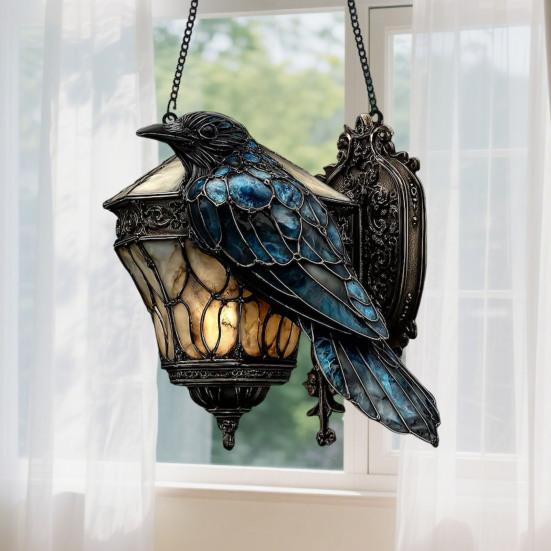 Raven On Lantern Acrylic Suncatcher Faux Stained Glass Window Wall Hanging Ornament Gothic Crow On Lamp Halloween Decor for Dark Academia Home Decor