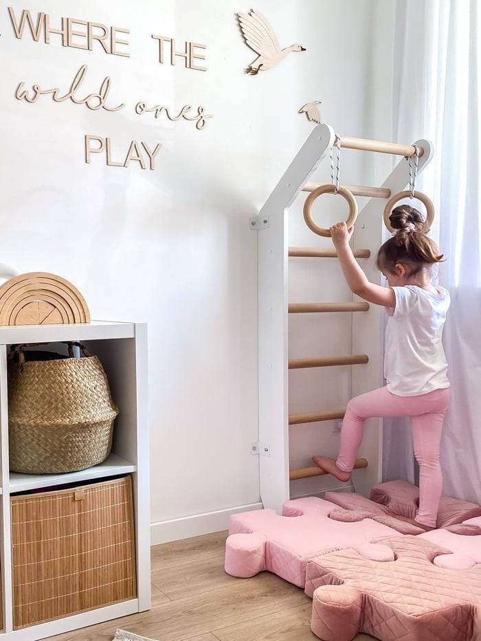 Wall Gym Kids Home Gym Children Wall Bars Wooden Climbing Frame Gym Rings Indoor Playground Toddler White