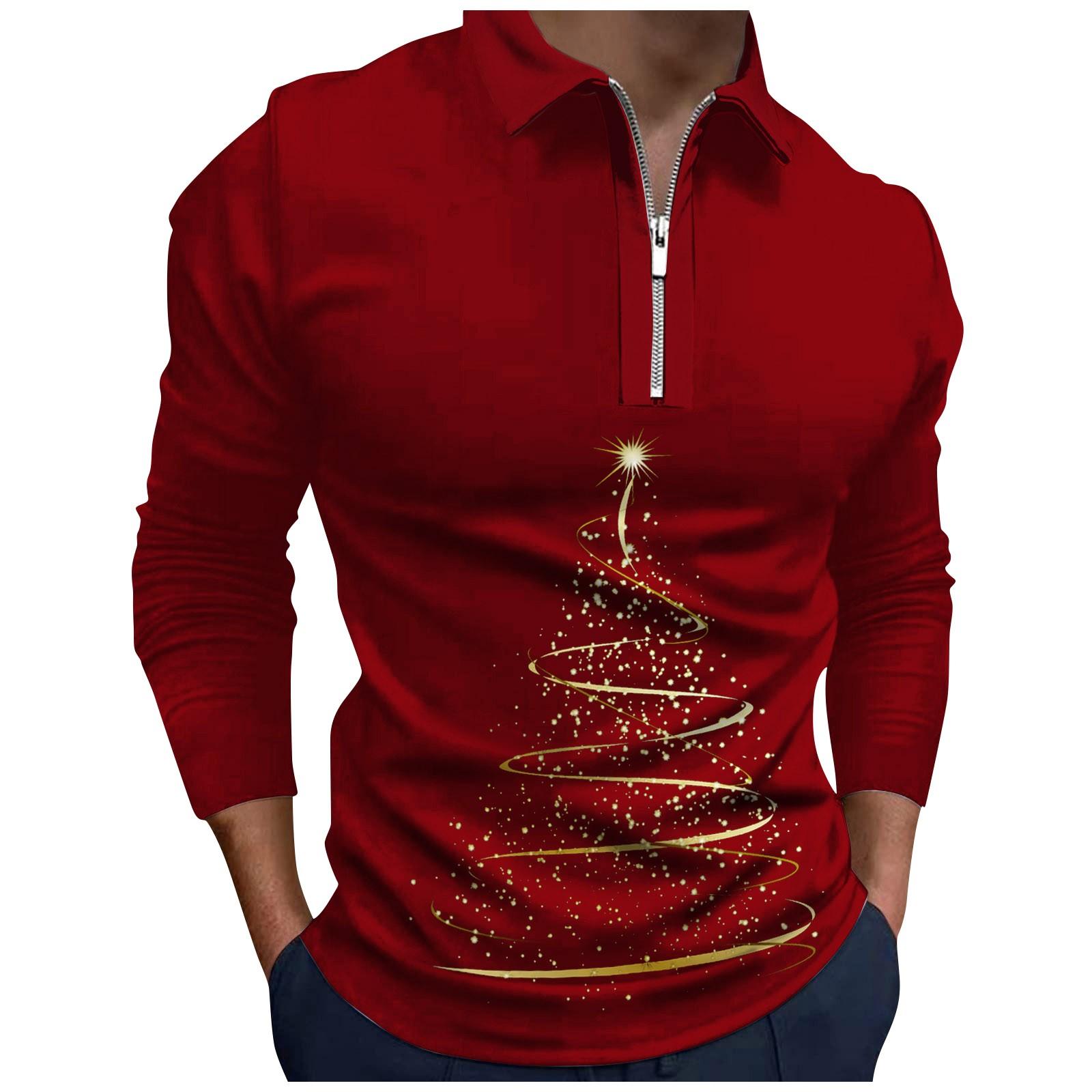 Men s Fashion Casual Christmas Printed Long Sleeve Lapel Shirts Tops Blouse M красный