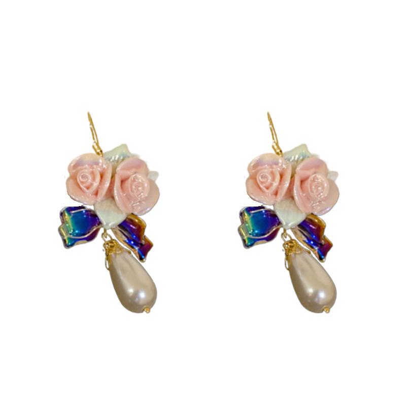 Ceramic Flower Water Drop Pearl Ear Hook Sweet and Fresh Temperament Earrings Earrings Literary Lady Fan Earrings Women