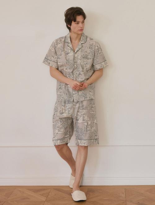 

[LUNALUZ STUDIO] Мужская модель Хлопковая короткая рубашка с воротником и брюки, комплект из двух предметов, пижама [Отправка из Кореи] 100% Оригинал Melange Grey