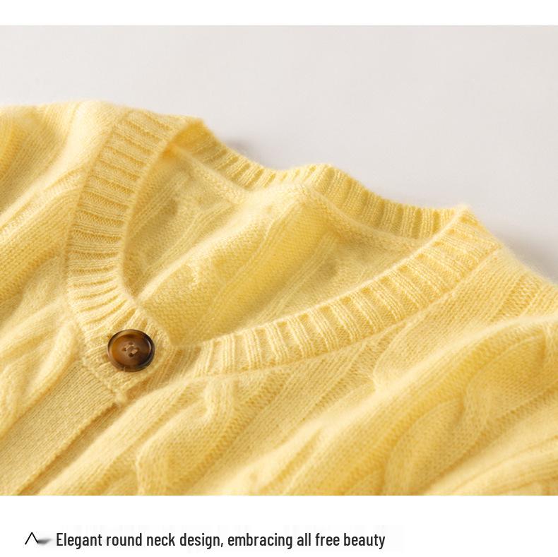 Women's Cashmere Round Neck Cardigan: Knit Long Sleeve Cable Sweater for Autumn & Winter Outerwear.