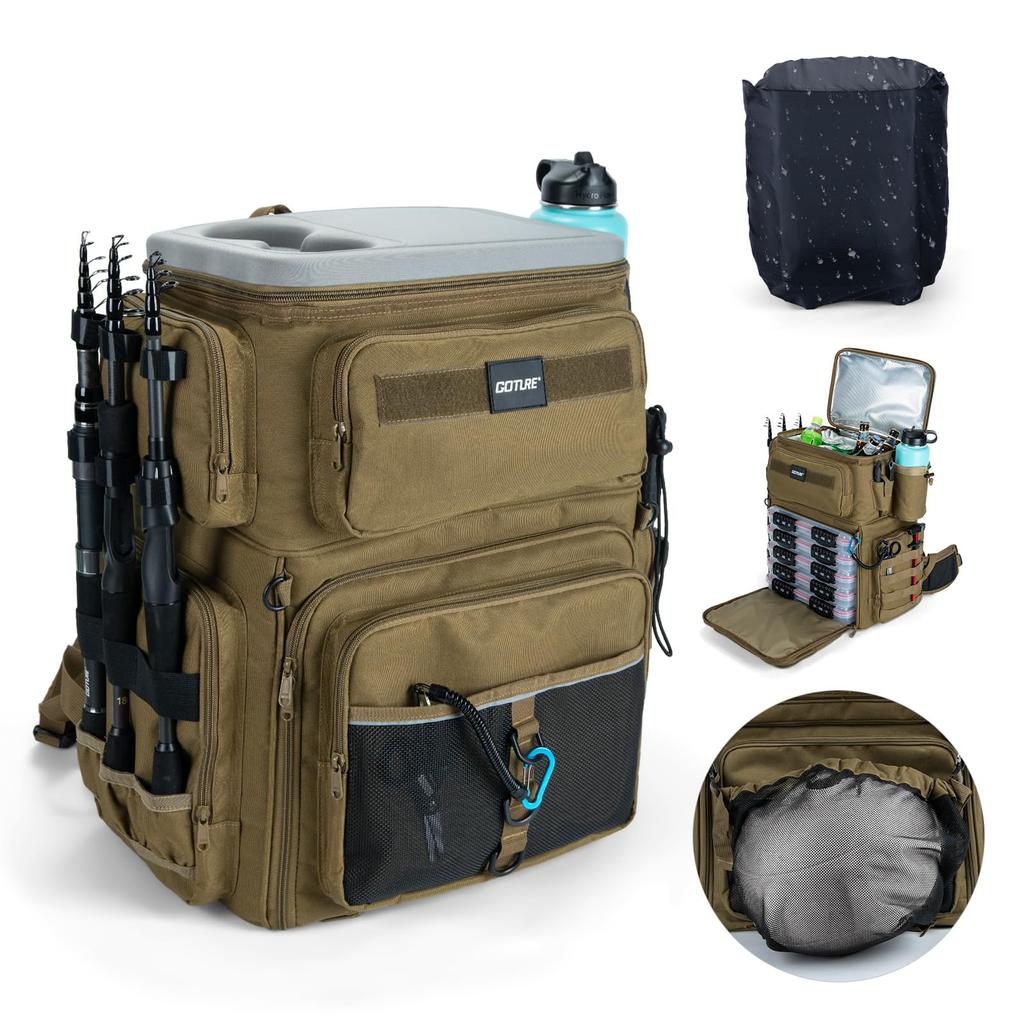 Goture Water-Resistant Fishing Backpack Lightweight Large Hiking Hunting Bag with Rod Holder Adjustable Tackle Storage Pack
