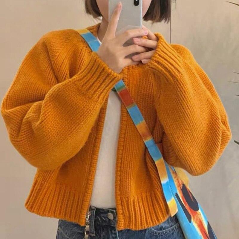 Winter Solid Knitted Cardigan Women Jackets Sweet Zipper Cropped Sweaters Korean Vintage Casual Loose Short Knitwears Coat 28975