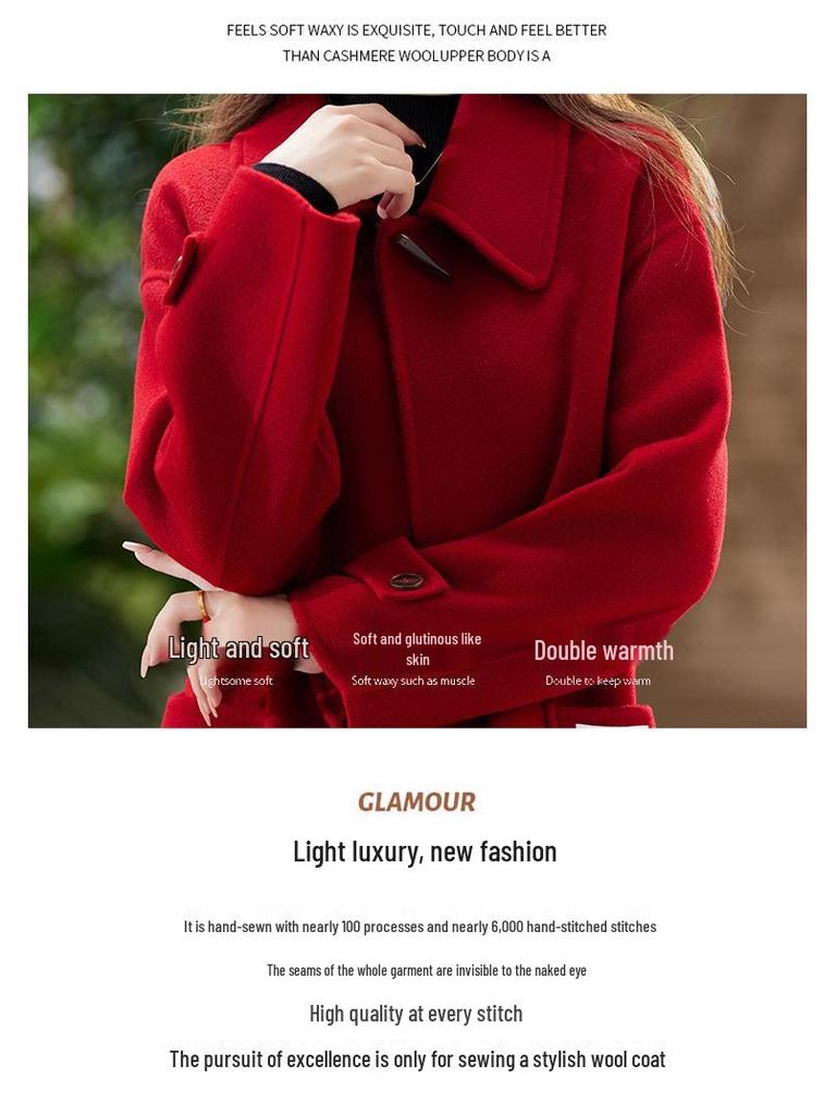 Women's Slim Fit Long Wool Coat with Wide Lapel and Toggle Closure - Double-Faced Woolen Overcoat for Autumn/Winter