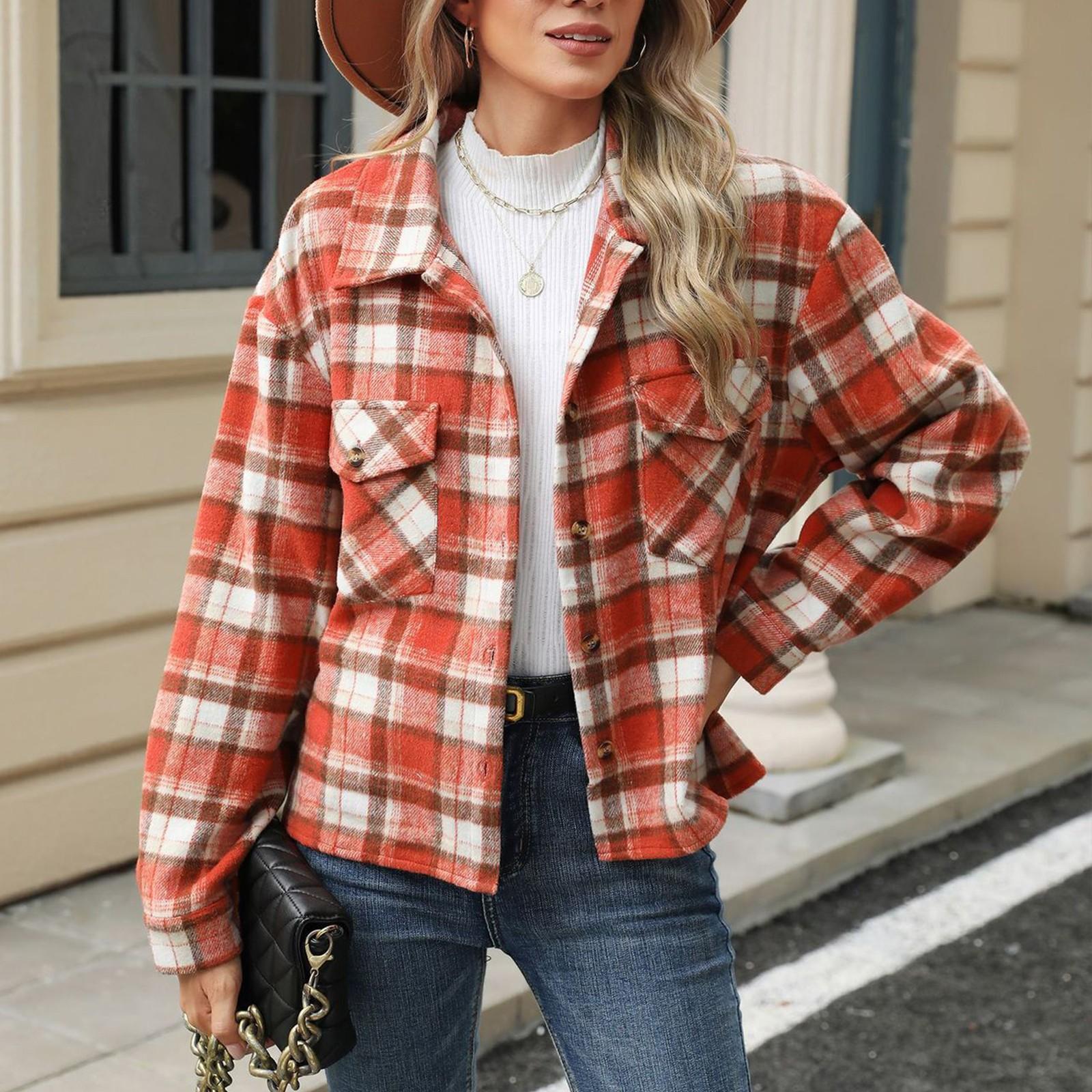 Женское осенне-зимнее шерстяное пальто с длинными рукавами и свободным карманом в клетку — фото 4