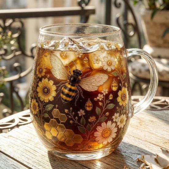 Morning Glass Tea Cup, Hummingbird Flower Pattern Tumbler with Gold Rim, Nature Themed Glassware for Tea Coffee Juice Wine Hot Cold Drinks Gift