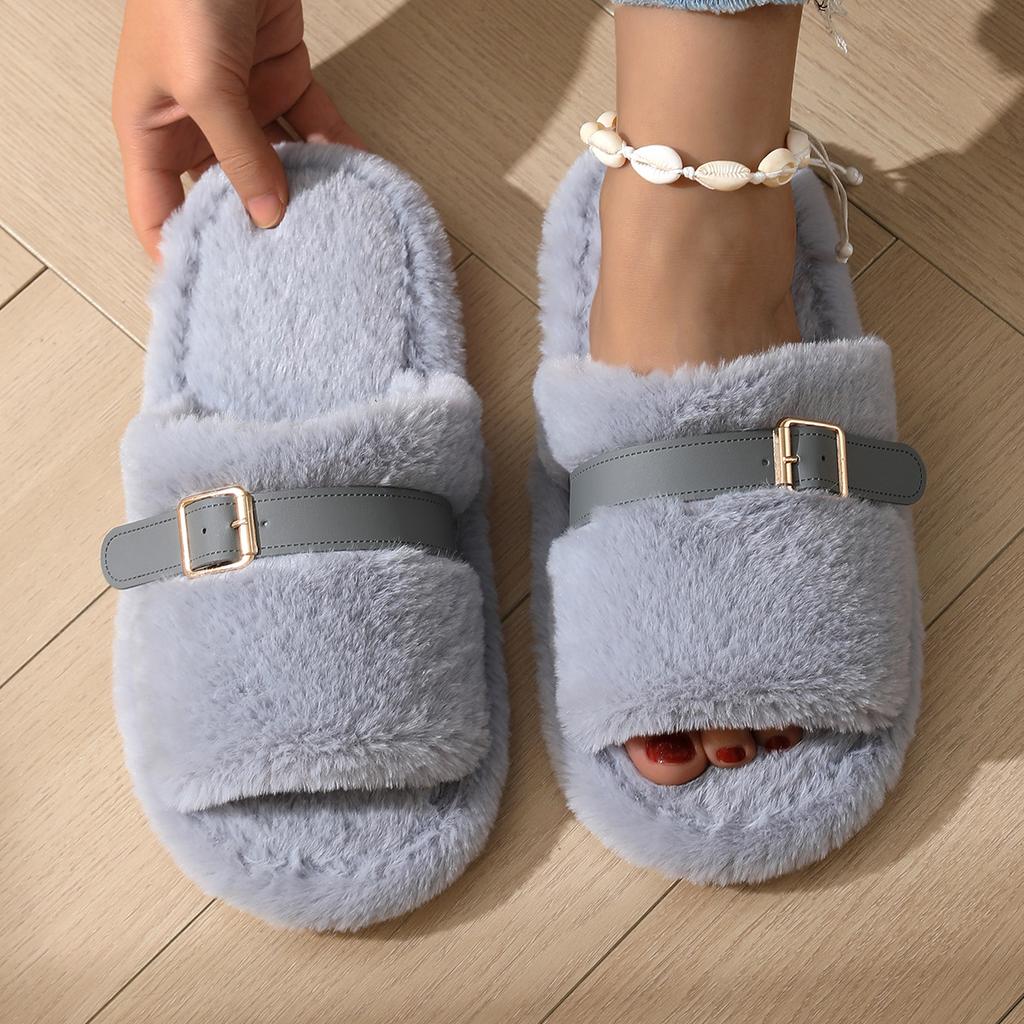 Cozy Furry Slippers for Women, Refined Golden Buckle for Strap Adjustment, Thick Warm Plush Slippers