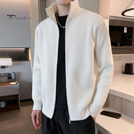Men Sweater Coat Zipper Closure Knit Elastic Long Sleeves Stand Collar Outerwear Pure Color Casual Cardigan Daily Wear School Mid Length Jacket