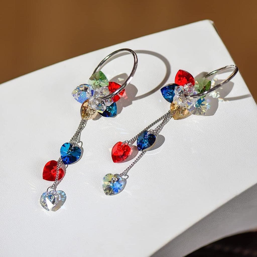 925 Sterling Silber handgefertigte Creolen, AuraSelene, schillernder Blumenstil mit bunten Kristallen, lange Quasten, Boho-Baumwoll-Ohrhänger