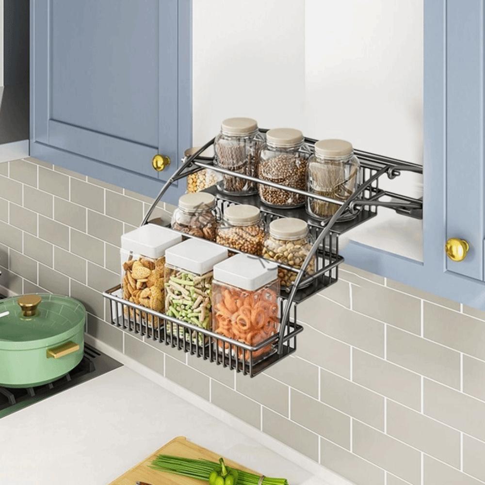Large Capacity Pull Down Cabinet Spice Rack Space Saving Retractable Spice Rack  Bathroom