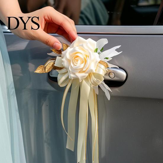 Champagne Rose Car Handle Decor Wedding Artificial Rose, Door Rearview Mirror Flower Reusable Decorative with Ribbon Bow, Suction Cup, Bridal