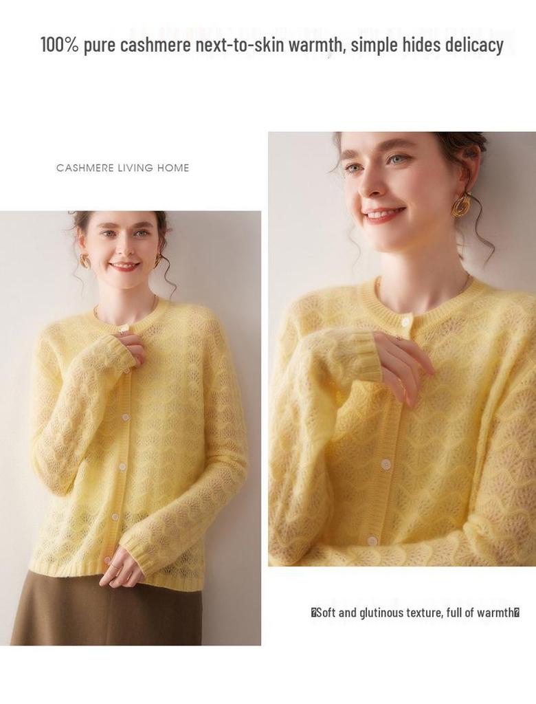 2025 A/W Women's Round Neck Wave Pattern 100% Cashmere Cardigan Sweater