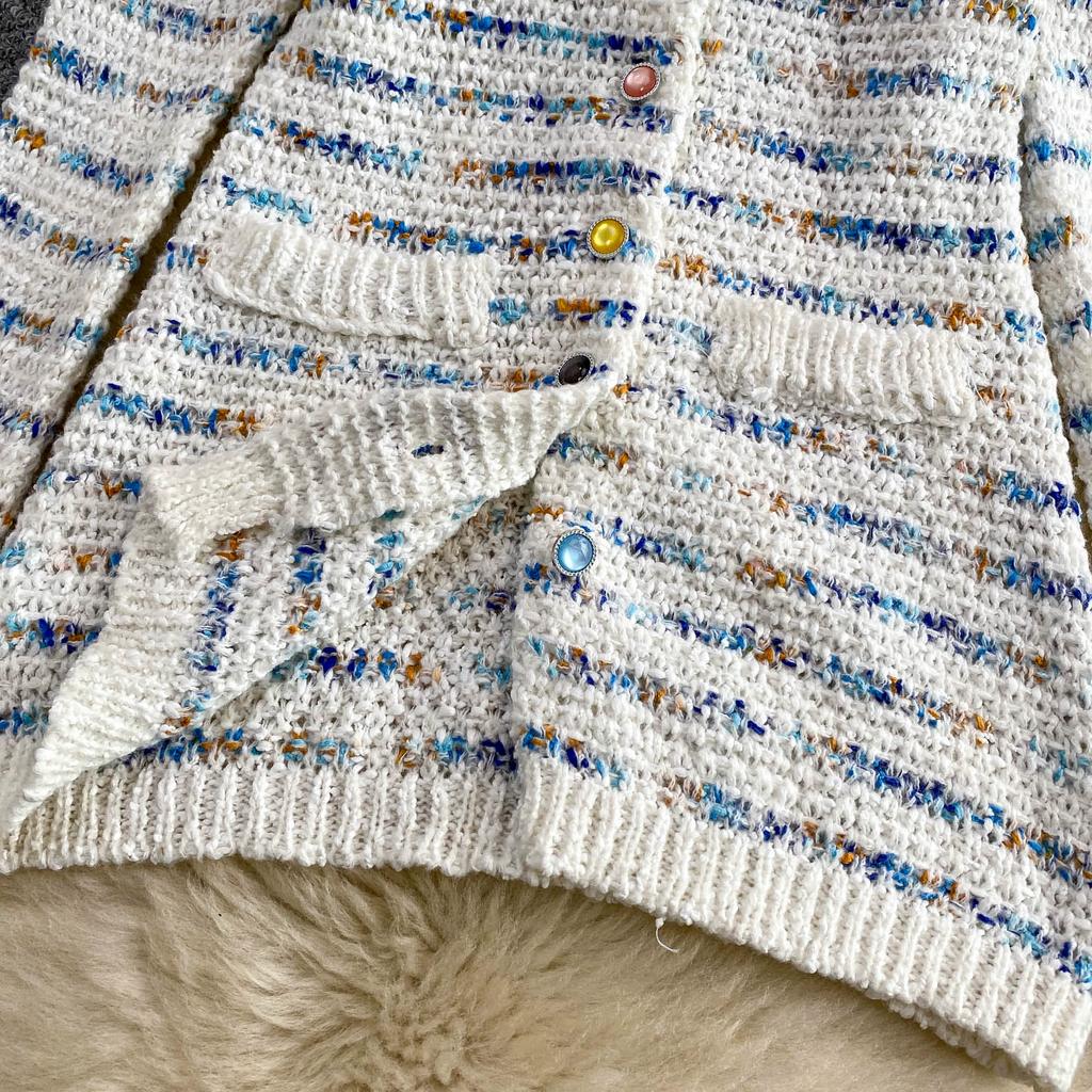 Autumn Winter Women Sweet Striped Knitted Sweater Two Piece Set Single Breasted Cardigans Tops and Mini Short Sheath Skirt Suit