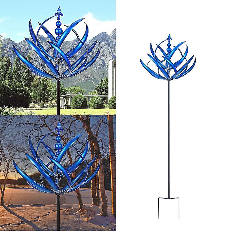 Girasole Cinetico a Forma di Fiore di Loto in Metallo Blu, Mulino a Vento Impermeabile Rotante a 360° per Decorazione di Giardino, Cortile, Prato, Ornamento Scultura Artistica da Esterno Resistente alla Ruggine