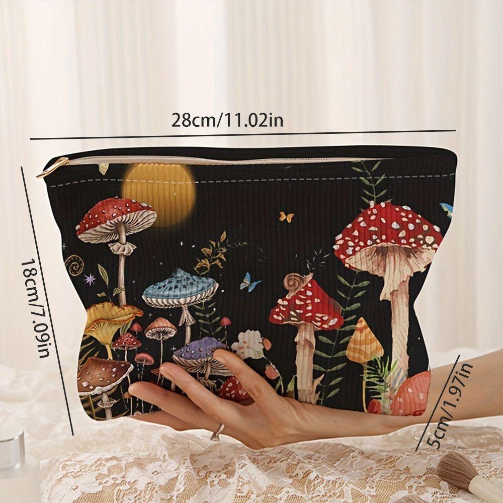 New Mushroom Print Cosmetic Bag Zipper Corduroy Storage Bag Large Capacity Coin Purse