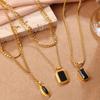 Vintage Stacked Wind Double-Layer Oval Black Agate Pendant Necklace Gold-Plated Square Black Zirconium Collarbone Chain
