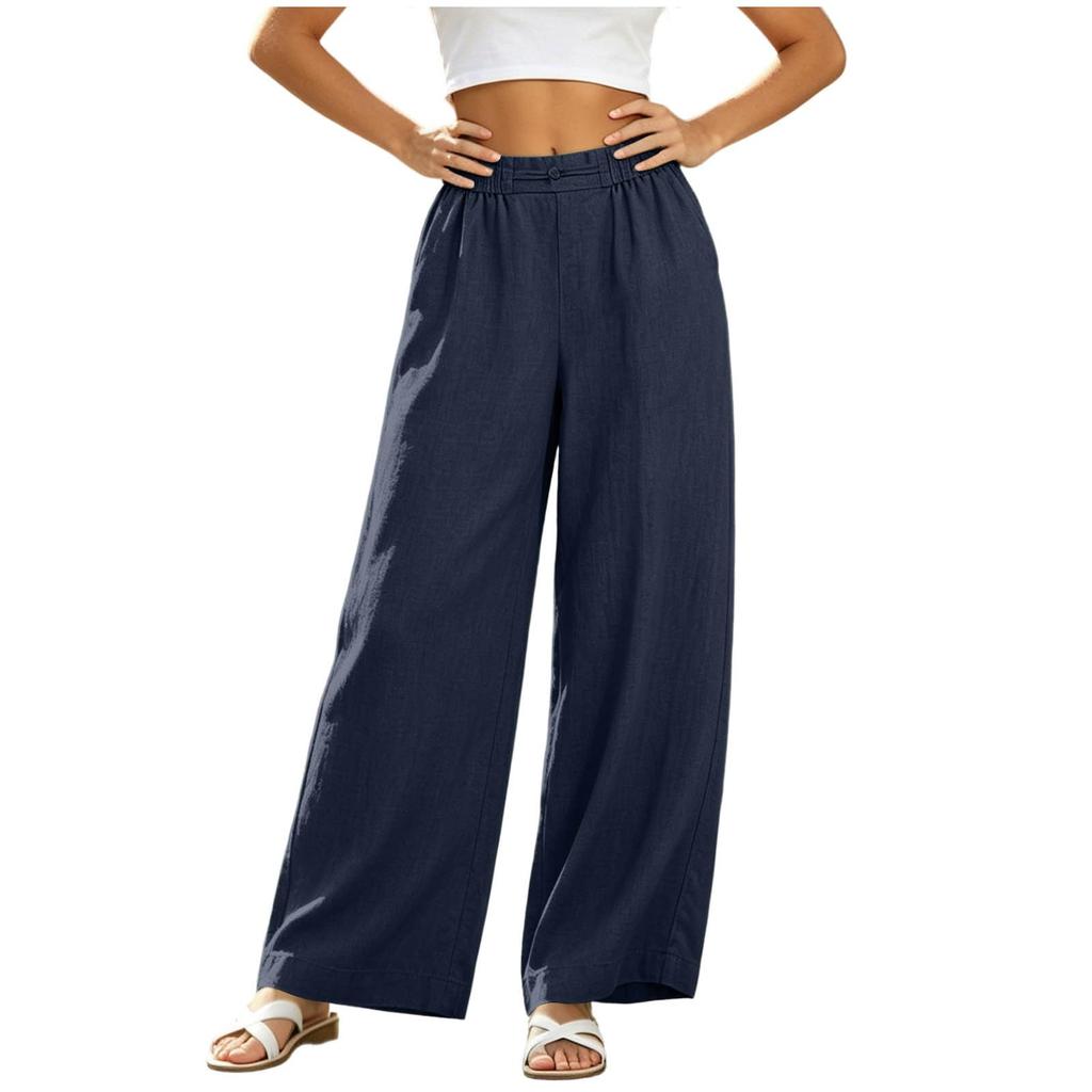 Women Casual Loose Fit High Waist Linen Blend Wide Leg Pants with Pockets Elastic Waistband for Everyday Wear