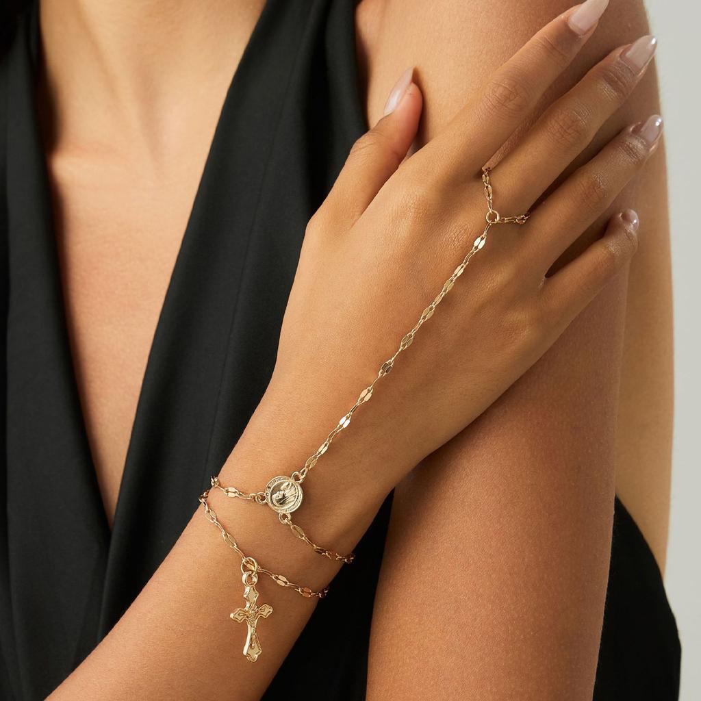 2Pcs/Set Cross Pendant Finger Bracelets For Women Vintage Gold Color Portrait Connecting Hand Harness Bangle Jewelry Accessories