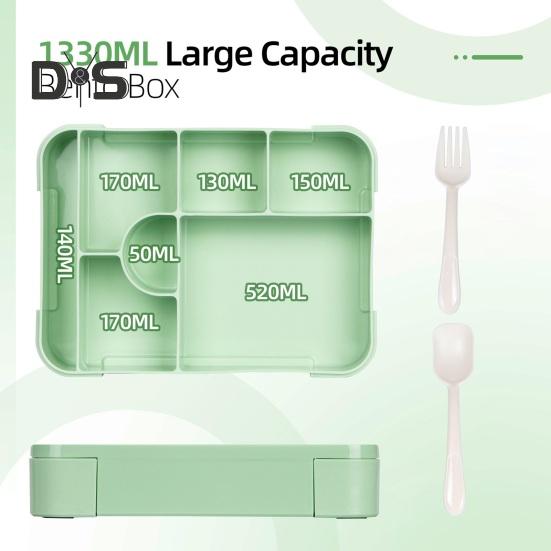 Bento lunsjboks lekkasjesikker 6-roms lunsjboks med skjegaffel sauskopp BPA-fri matbeholder for skolesnackbeholder