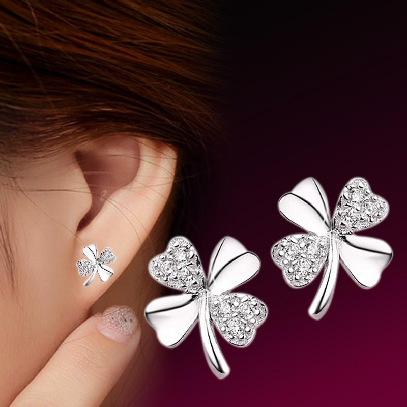 925 Sterling Silver AAA Zircon Four-Leaf Clover Earrings Gift Jewelry