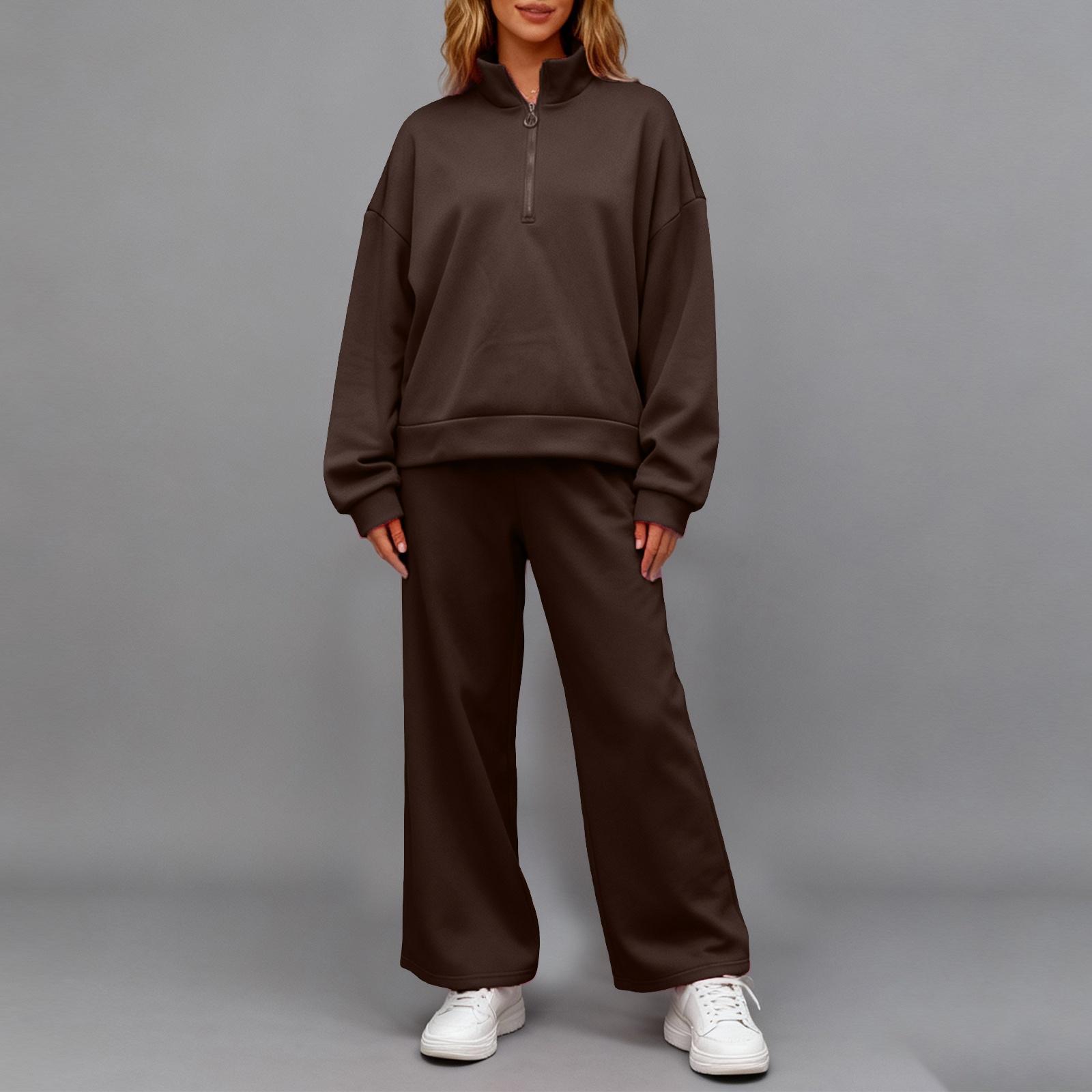 

Женский повседневный пуловер-худи с полуоткрытой планкой и комплект свободных повседневных спортивных штанов XXL кофейный