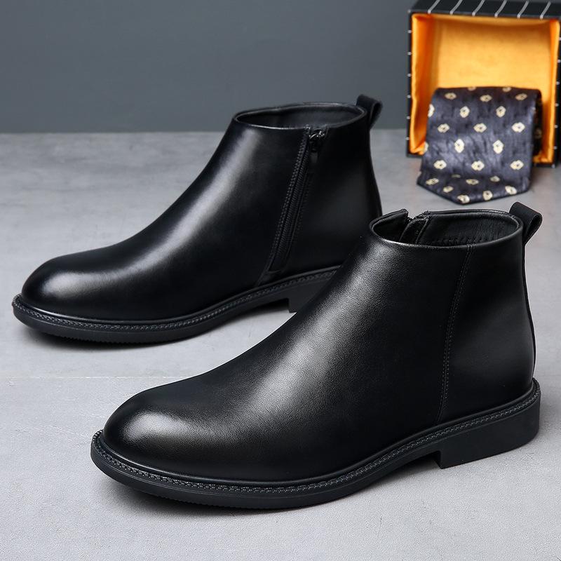 Men's British Style Genuine Leather Chelsea Boots - Autumn/Winter Mid-Cut, Plus Velvet, Warm, Trendy, High-Top, All-Match.