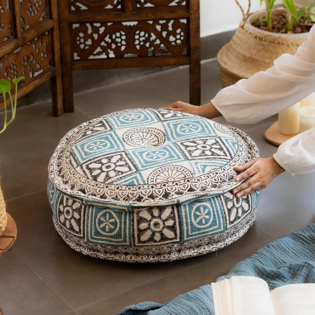 Teal Hand Block Print Round Floor Cushion | Size 51 cm x 51 cm x 20 cm