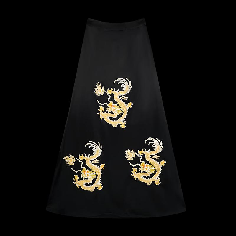 HECO New Chinese Style Embroidered Dragon Acetate Straight Skirt