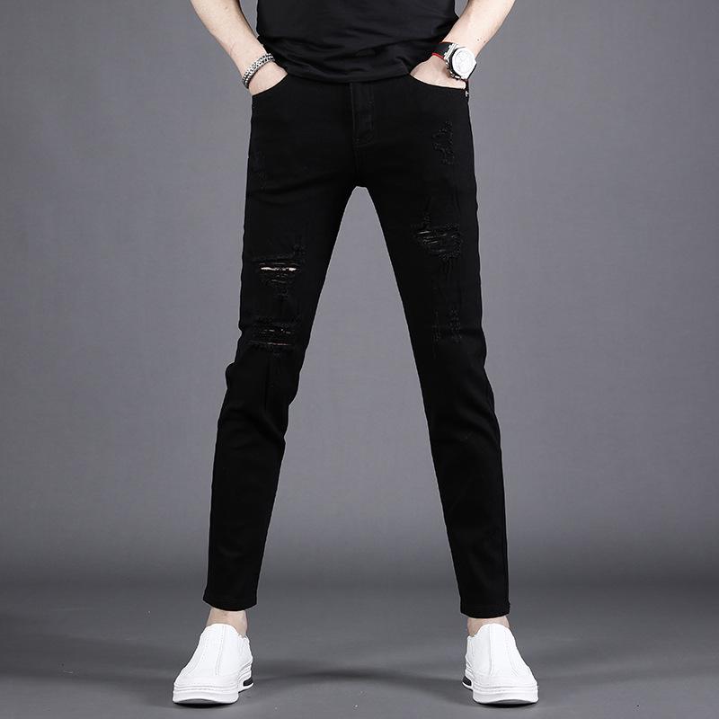 New 2024 Men's Slim-Fit Skinny Nine-Point Black Ripped Jeans for Spring/Summer.
