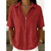 Womens Solid Color Turn Down Collar Half Zip Short Sleeve Casual Blouse