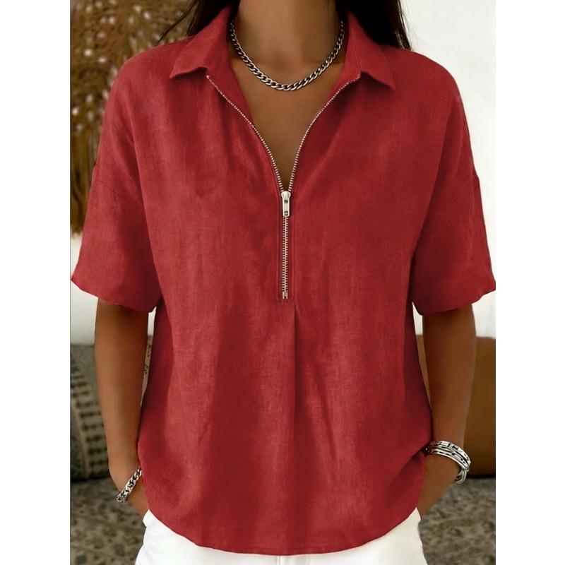 Womens Solid Color Turn Down Collar Half Zip Short Sleeve Casual Blouse