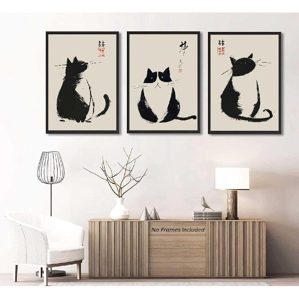 3Pcs Vintage Japanese Cat Wall Art Cute Funny Japanese Black Cat Canvas Paintings Japanese Matsumoto Hoji Prints Neutral Wall Decor Cat Pictures