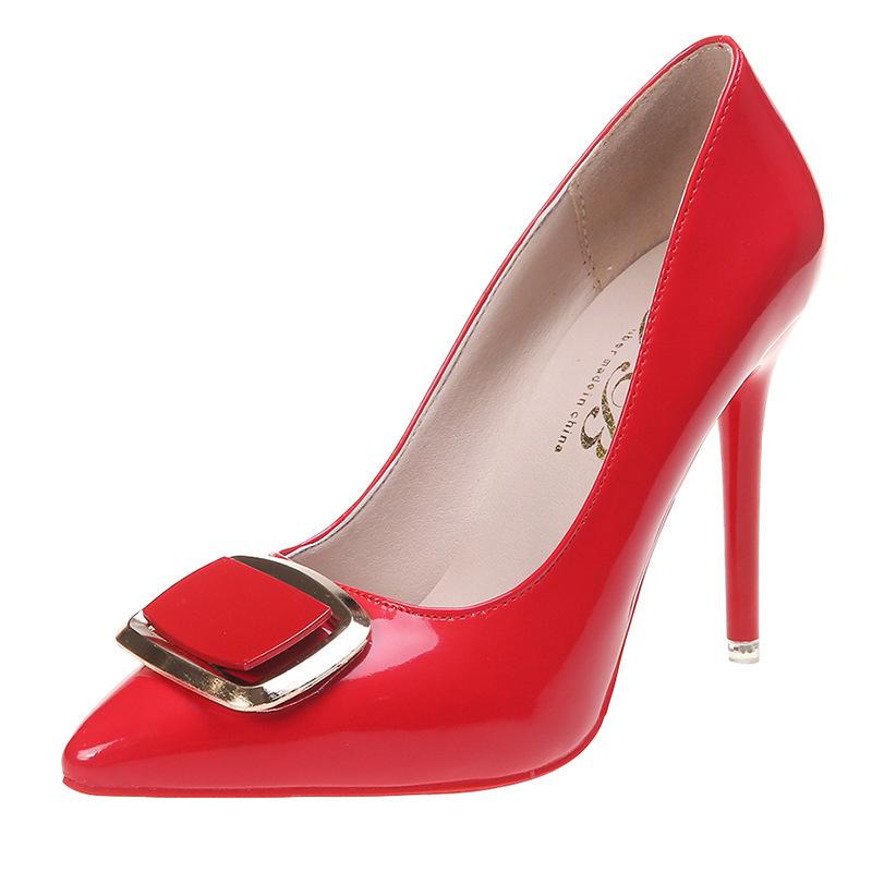 Sexy patent leather temperament high heels women's thin heels shallow mouth pointed square buckle single shoes women