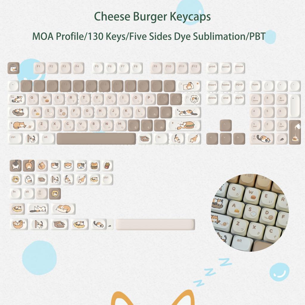130 Keys Cheese Burger MOA Profile Custom Keycap Set Five Side Dye Sublimation PBT Keycaps for MX Switch Mechanical Keyboard