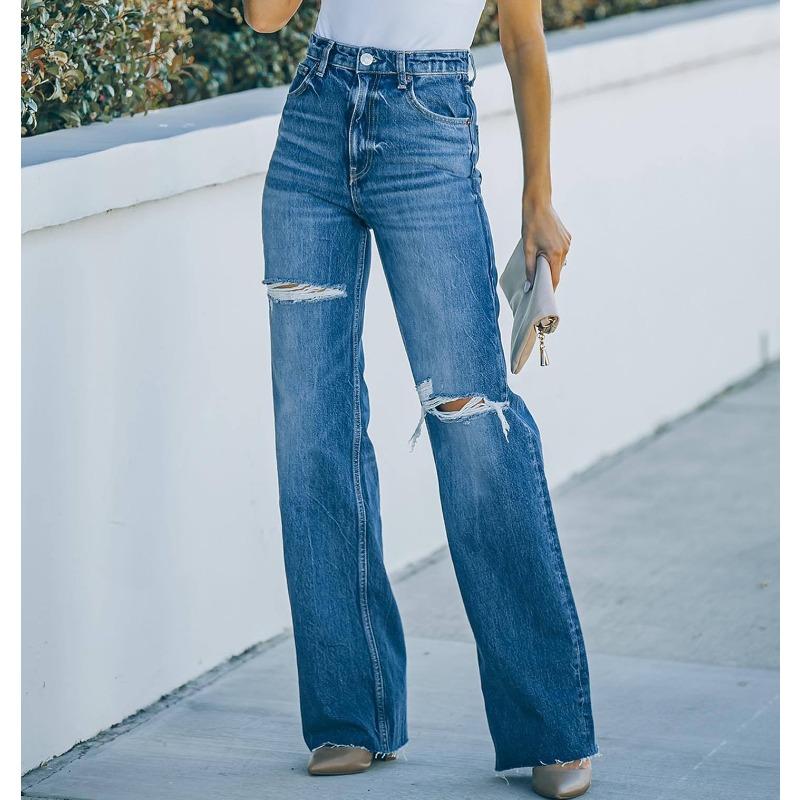 

Осенние новые джинсы с высокой талией для женщин, выбеленные рваные джинсовые брюки широкого кроя XL