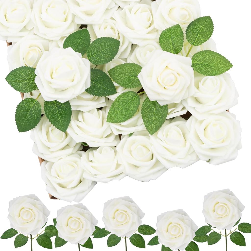 PE Foam Rose With Leaf Artificial Flowers Festival Wedding Bride Bouquets DIY Gifts Wreath Home Outdoor Garden Party Table Decor