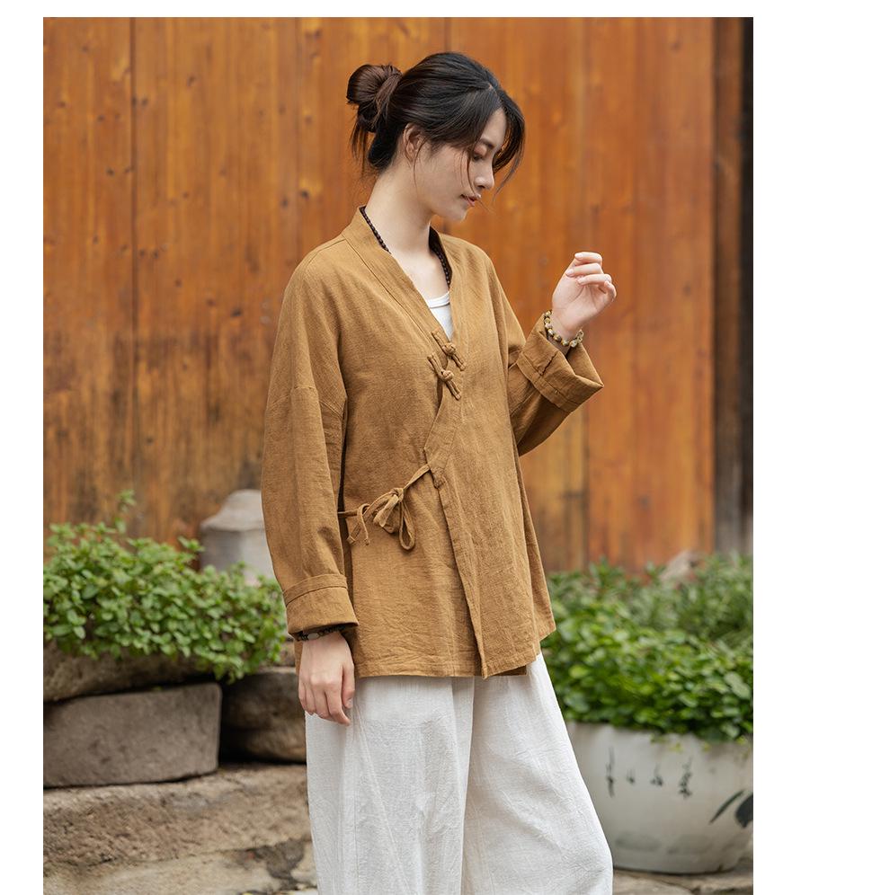 Ramie Sand-Washed Zen Style Hanfu Top – Women's Spring Edition, Cross-Collar, New Chinese Tea Art Design