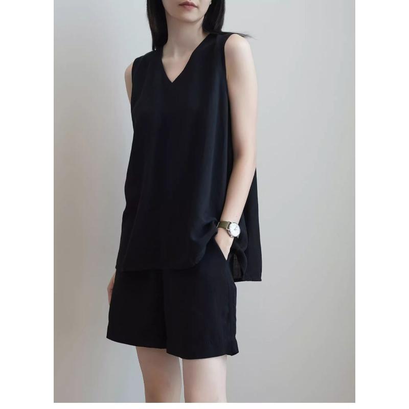 Canotta da donna in misto lino con scollo a V, casual, vestibilità ampia, senza maniche
